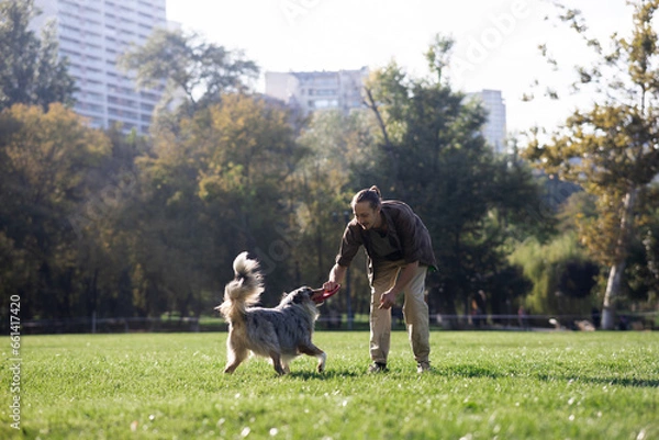 Obraz A young white-skinned man with long hair plays with his shepherd dog in the park