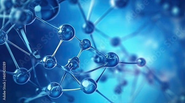 Fototapeta blue biotechnology texture,Transparent blue abstract molecule model over blurred blue molecule background. Concept of science, chemistry, medicine and microscopic research.