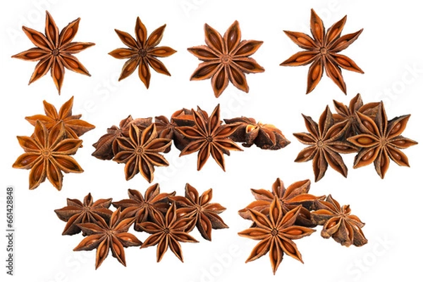 Fototapeta A group of star anises isolated on white background with transparent png.