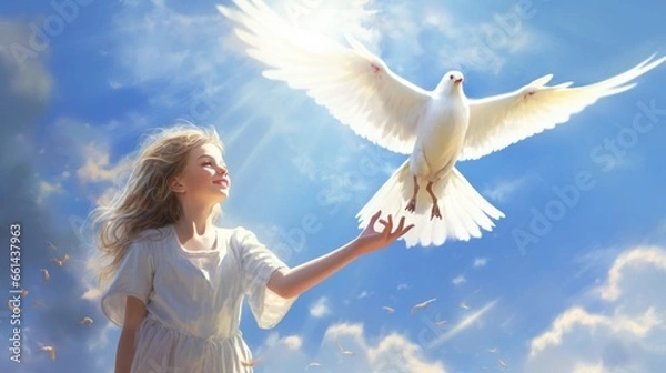 Fototapeta The concept of no war, dove of peace is as reliable as peace and well-being. The girl holds in her hands a white dove flying against the sky