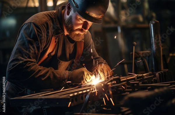 Fototapeta Amidst the sparks and heat of the factory, a skilled welder dons his protective gear and crafts intricate designs from molten metal, embodying the perfect blend of strength, precision, and artistry