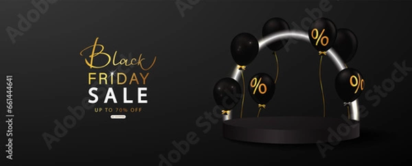 Fototapeta Black friday sale promotion poster with podium, neon round frame and balloons. Black friday day sales banner template design for social media and website.Vector illustration