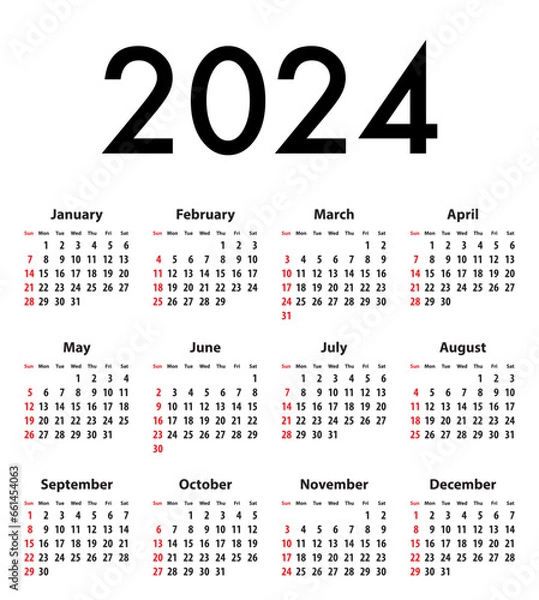 Fototapeta English Calendar grid bold digits for 2024. Best for calendar print, business, web design, office needs and presentations. Sundays first. Vector illustration
