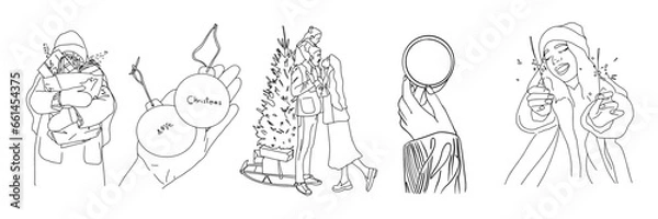 Fototapeta Vector set illustration on the theme of Christmas and New Year in doodle style.Vector illustration with people celebrating New Year in doodle style. Christmas 2024.