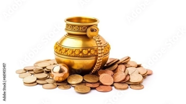 Obraz Dhanteras, Akshaya Tritiya, Golden kalash and coins, Generative ai