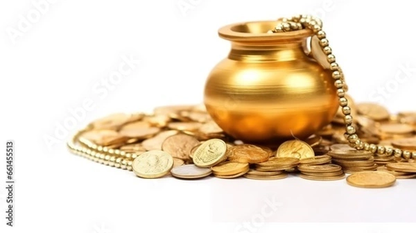 Obraz Dhanteras, Akshaya Tritiya, Golden kalash and coins, Generative ai