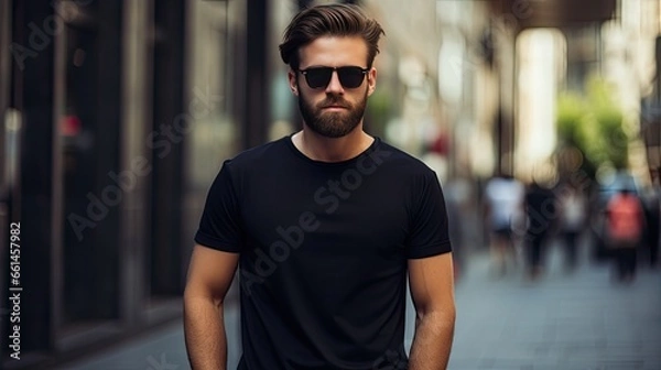 Fototapeta a hipster man model in a black t-shirt, standing against a city backdrop. ample space on the t-shirt for your custom logo or design.