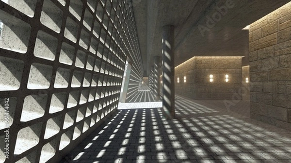 Obraz A concrete tunnel with columns and a lattice wall through which sunlight shines, creating a pattern of cells on the floor. Photorealistic 3D illustration in brutalist architectural style.