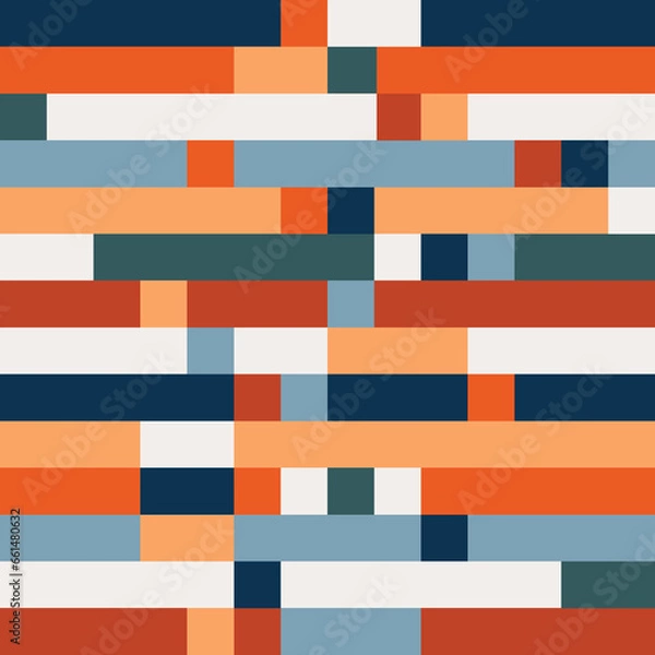 Fototapeta Simple geometric design with colorful (red, orange, blue, beige, turquoise) horizontal lines, rectangles and squares decoration