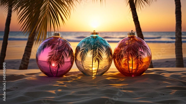 Fototapeta Christmas tree decorations on tropical beach at sunset. Holiday and celebration concept. Palm tree and Colorful Christmas ornaments on the beach with palm trees at sunset
