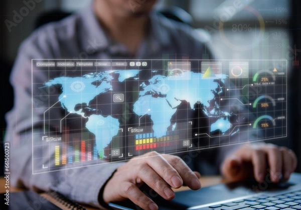 Obraz Business connection concept. Businessman check or working world wide via online internet technology, global data communication networking management with global financial marketing team.