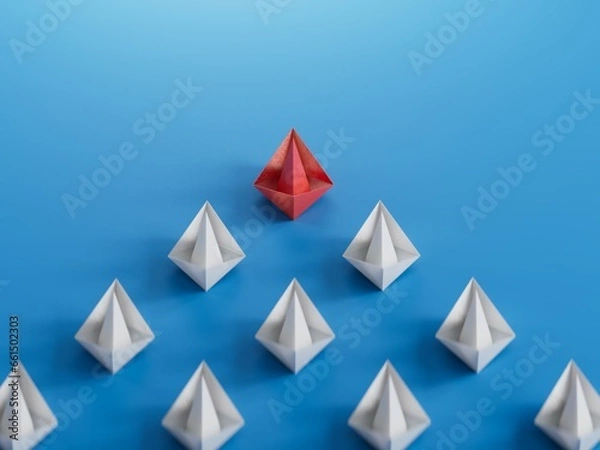Fototapeta Different business concept.new ideas. paper art style.Leadership concept with red paper ship leading among white boats.3D rendering on blue background.
