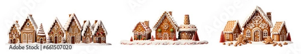 Fototapeta Christmas collection gingerbread cookies covered with snow Winter cookie of home shape with sweet icing. Xmas ginger bread decorated with sugar frosting. Holiday bakery art.