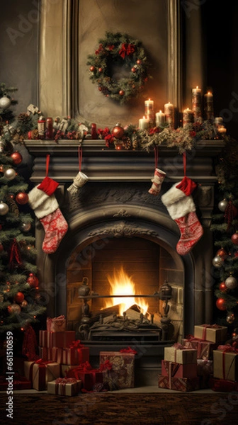 Fototapeta fireplace and stockings for xmas promotion