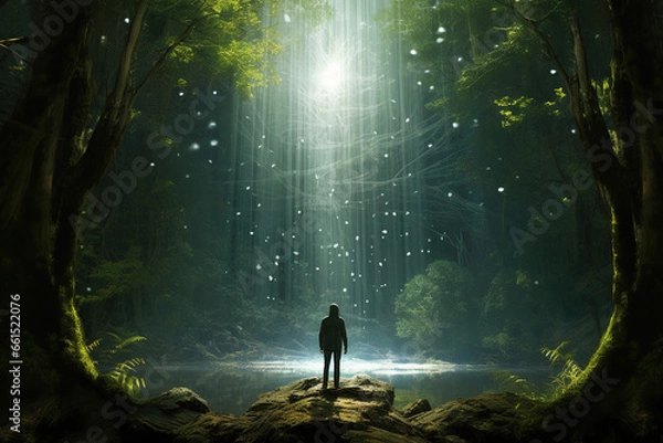 Fototapeta A person stands Receive power from nature in a tranquil forest glade.It brings about a sense of calm and rejuvenation