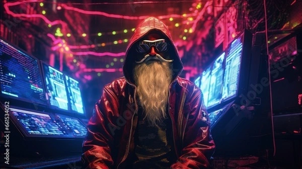 Fototapeta Cyberpunk Santa in the cyber operations center
