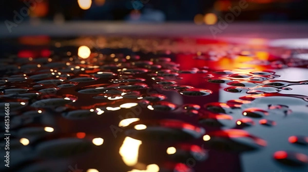 Fototapeta Abstract background with water drops on a glossy horizontal surface.
