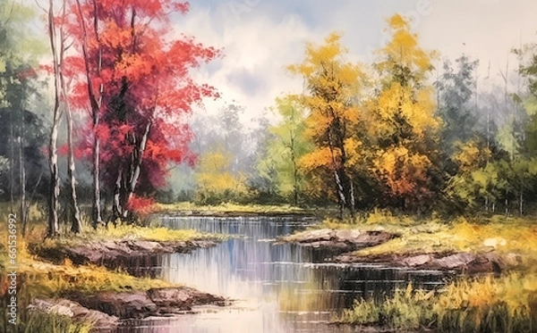 Fototapeta Watercolor landscape - - a small river on the edge of an autumn forest.