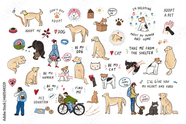 Fototapeta Adopt cat, dog vector illustrations set.