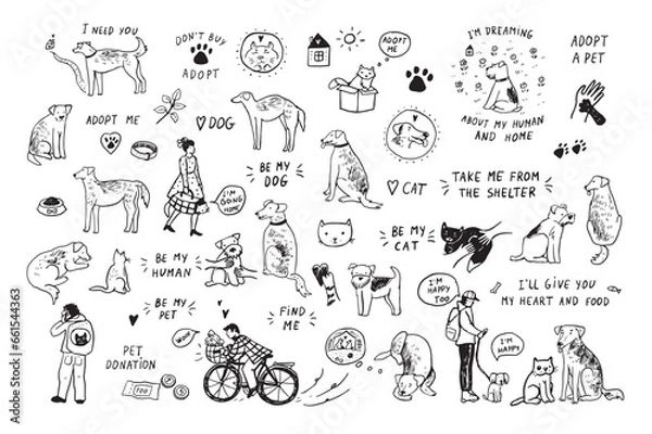 Fototapeta Adopt cat, dog vector line illustrations set.