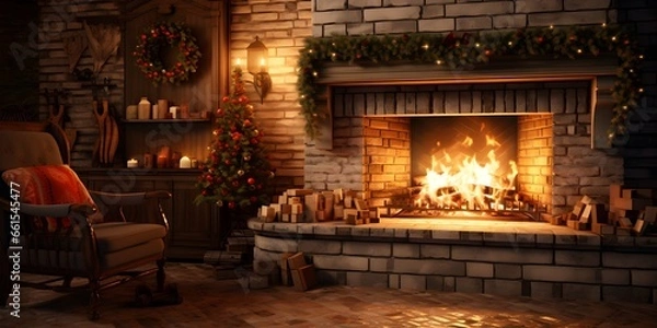 Obraz "Fireside Serenity: A Cozy Christmas Nook" | Background Design | Holiday Season | Generative AI Artwork