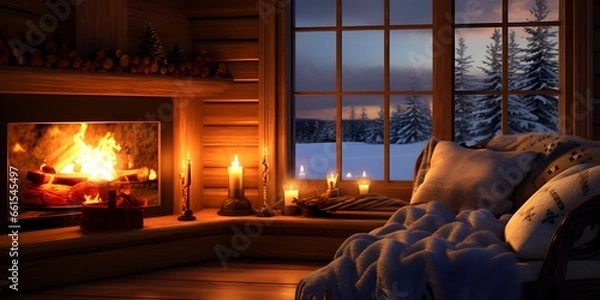 Fototapeta "Fireside Serenity: A Cozy Christmas Nook" | Background Design | Holiday Season | Generative AI Artwork