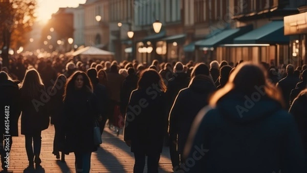 Obraz A blurry crowd of unrecognizable people on a fall street at sunset. crowd of people in a shopping