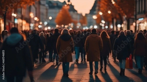 Obraz A blurry crowd of unrecognizable people on a fall street at sunset. crowd of people in a shopping