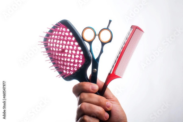Obraz Hairdressing tools on a white background. The hairdresser holds scissors and a comb in his hand.