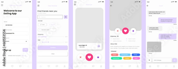 Fototapeta Date, Relations, Social Communication, Chat with friends and Dating Mobile App Ui Kit Template