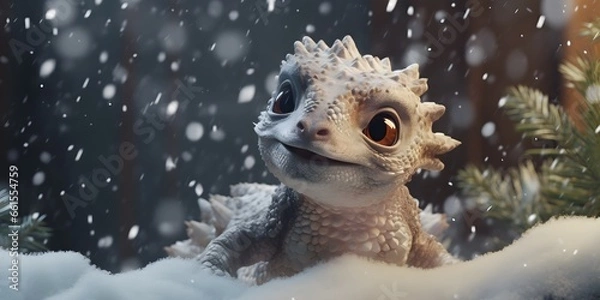 Fototapeta "Charming Chill: Baby Dragon's Winter Wonder" | Background Design | AI Generated Artwork