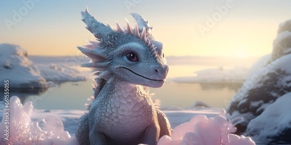 Fototapeta "Charming Chill: Baby Dragon's Winter Wonder" | Background Design | AI Generated Artwork