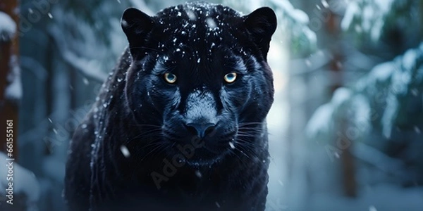 Fototapeta Silent Majesty: Black Panther in the Winter's Embrace" | Background Design | Generative AI Artwork
