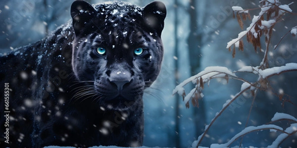 Obraz Silent Majesty: Black Panther in the Winter's Embrace" | Background Design | Generative AI Artwork