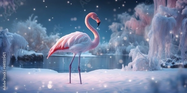 Fototapeta "Snowy Elegance: Flamingo in the Frost" | Background Design | Generative AI Artwork
