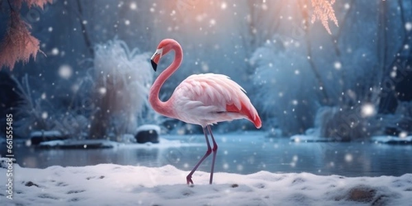 Obraz "Snowy Elegance: The Flamingo's Frosty Retreat" | Background Design | Generative AI Artwork