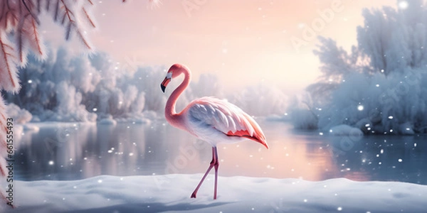 Obraz "Snowy Elegance: The Flamingo's Frosty Retreat" | Background Design | Generative AI Artwork