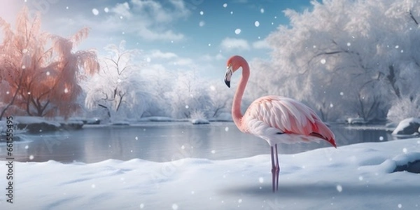 Fototapeta "Graceful in White: The Winter Flamingo"  | Background Design | Generative AI Artwork
