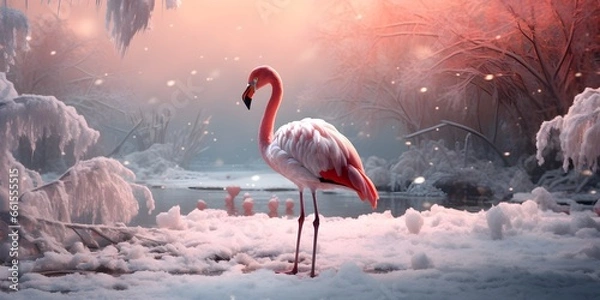 Obraz "Snowy Elegance: Flamingo in the Frost" | Background Design | Generative AI Artwork