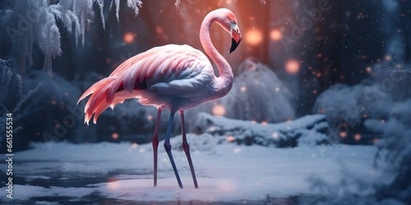 Obraz "Snowy Elegance: Flamingo in the Frost" | Background Design | Generative AI Artwork