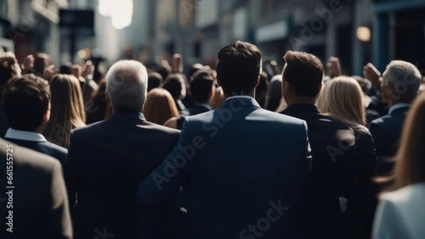 Obraz Back view large group of business people celebrating in the street