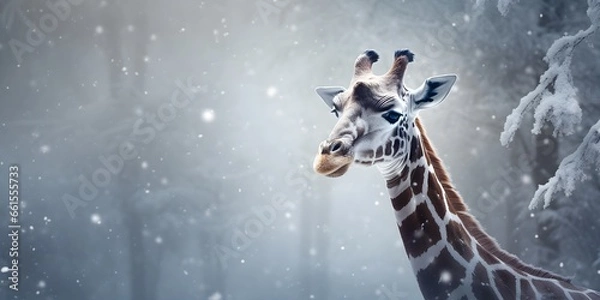 Fototapeta "Graceful Giants in Winter's Embrace: A Giraffe's Wonderland" | Background Design | Generative AI Artwork
