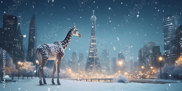 Obraz "Graceful Giants in Winter's Embrace: A Giraffe's Wonderland" | Background Design | Generative AI Artwork
