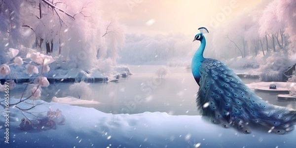 Obraz "Winter's Elegance: Peacock in a Snowy Display" | Background Design | AI Generated Artwork