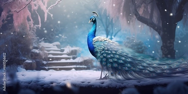 Fototapeta "Winter's Elegance: Peacock in a Snowy Display" | Background Design | AI Generated Artwork