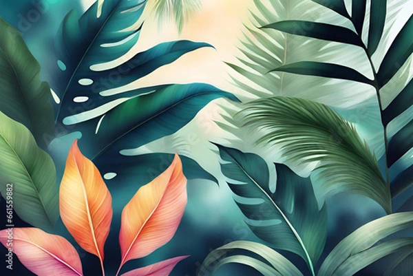 Fototapeta Tropical background with palm leaves and jungle plants. Generative AI