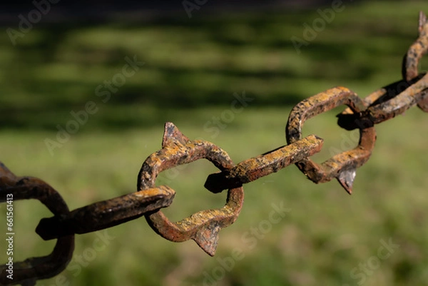 Fototapeta nostalgic rusted barrier chain against a blurred background
