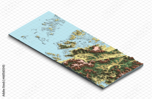 Fototapeta 3d model map of South Korea. Terrain map, Isometric map virtual terrain 3d for infographic. Geography and topography planet earth flattened satellite view