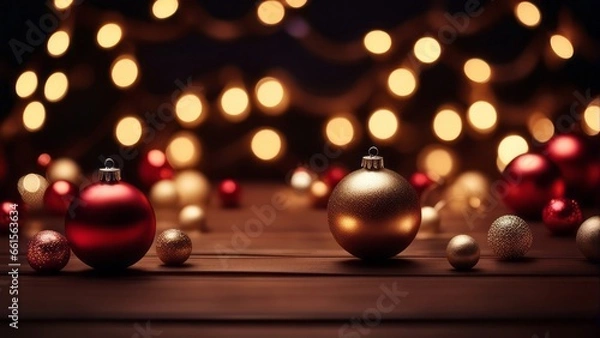 Fototapeta Festive christmas background. Empty Wood table top wit christmas baubles, balls and hanging decoration