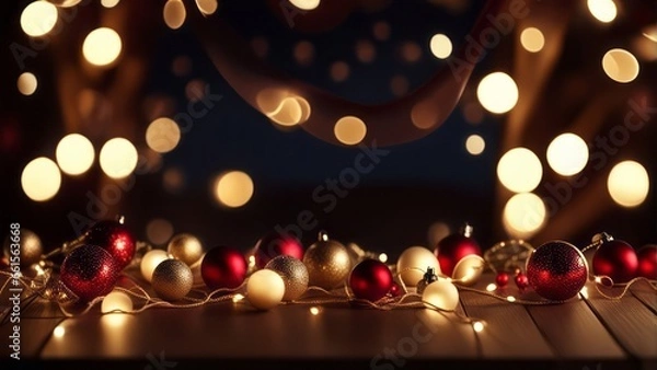 Fototapeta Festive christmas background. Empty Wood table top wit christmas baubles, balls and hanging decoration